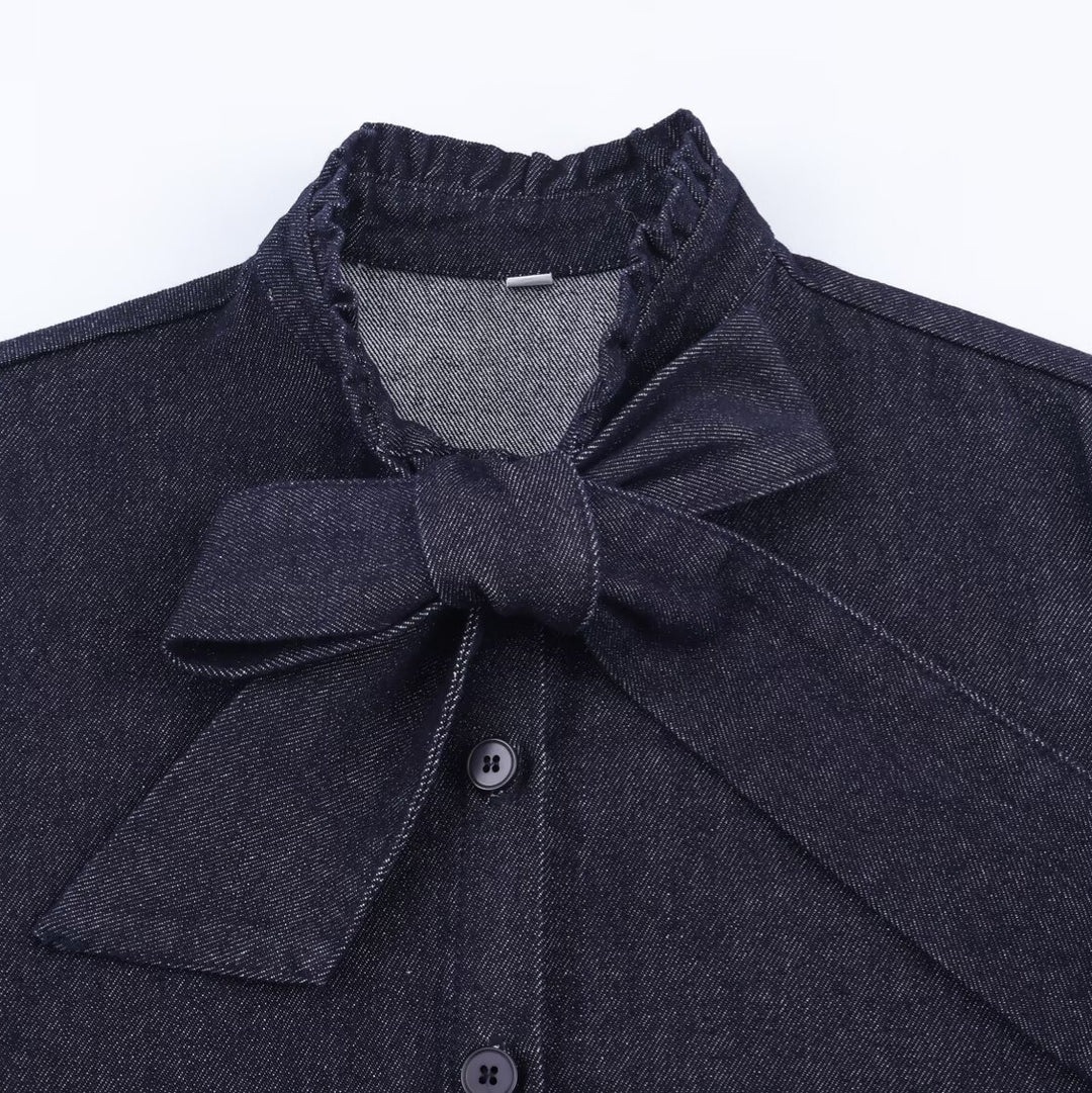 Women's Shimmering Blouse with Bow Collar and Button Placket Mune Fashion