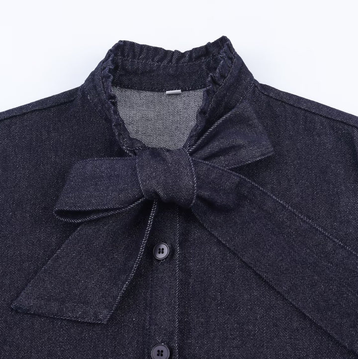 Women's Shimmering Blouse with Bow Collar and Button Placket Mune Fashion