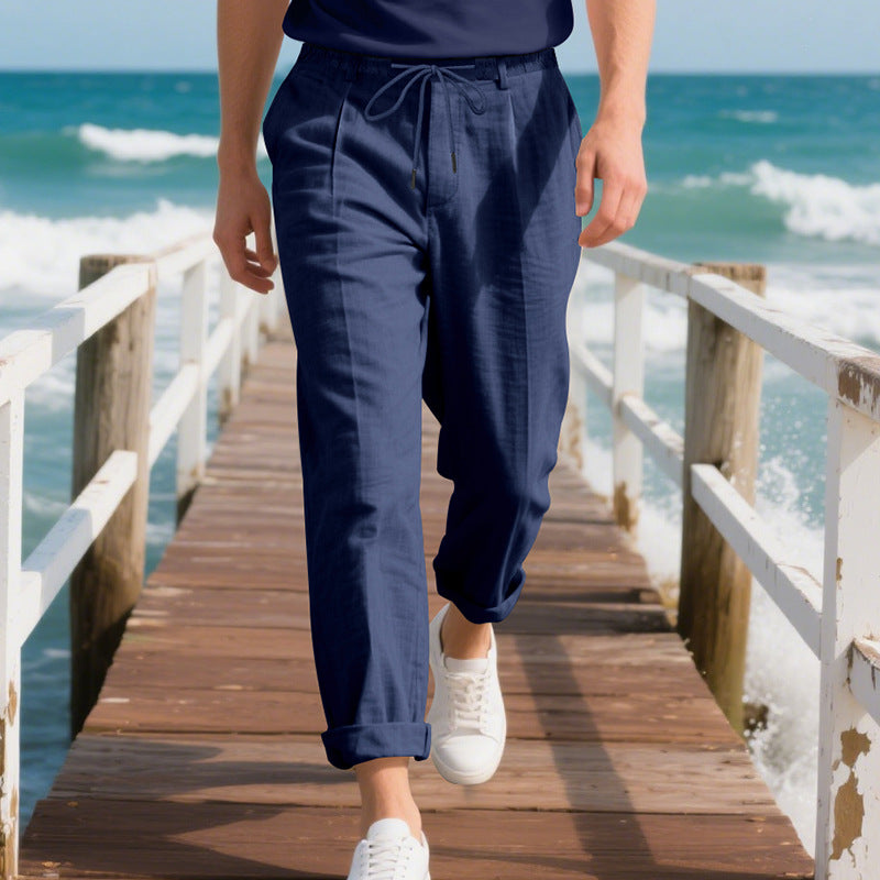 Men's beach-suitable linen blend lounge pants with elastic drawstring, subtle pleat, and rolled ankle hem Mune Fashion