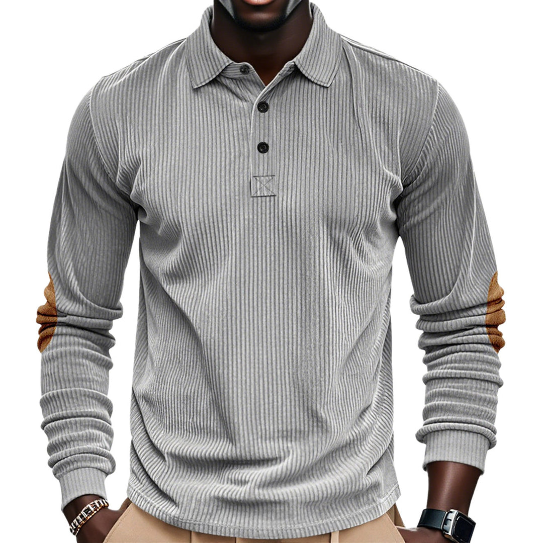 Men's ribbed long sleeve polo shirt with Henley placket and velour-like elbow patches Mune Fashion