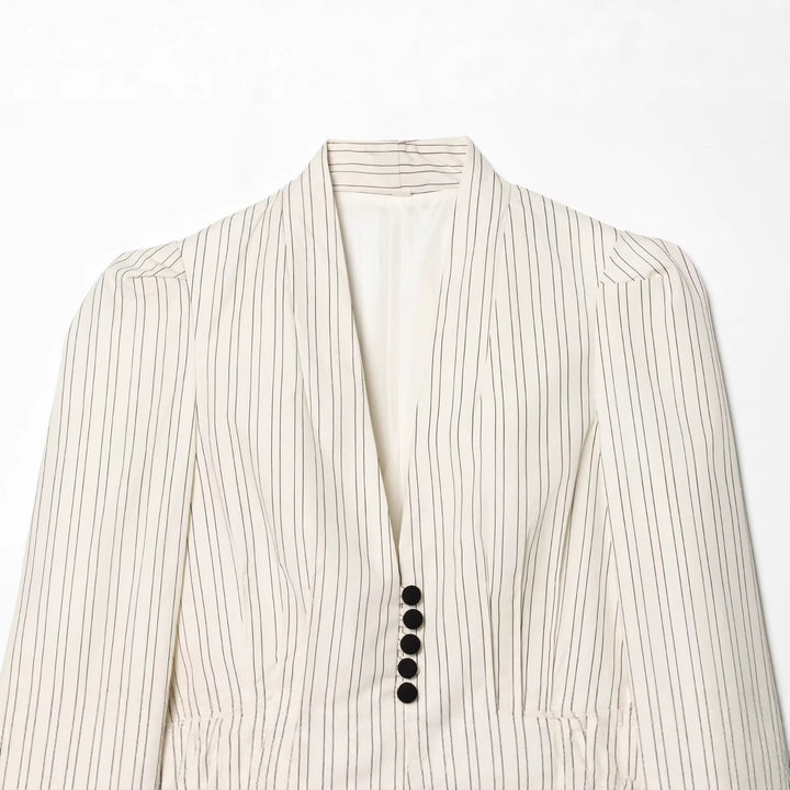 Ladies Tailored Pinstripe Blazer with Shawl Collar and Peplum Mune Fashion
