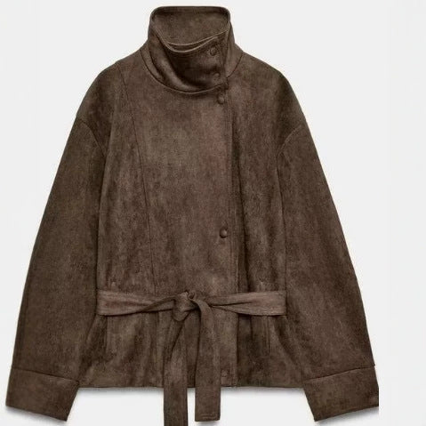 Women Short Blouson made of Artificial Leather with Double-Breasted Button Placket and Shoulder Cape Mune Fashion