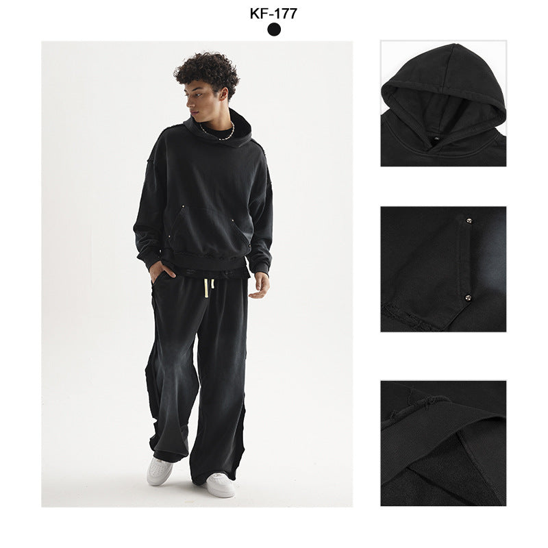Unisex Oversized Hoodie with Frayed Hem, Kangaroo Pocket and Washed Bleach Effect Mune Fashion