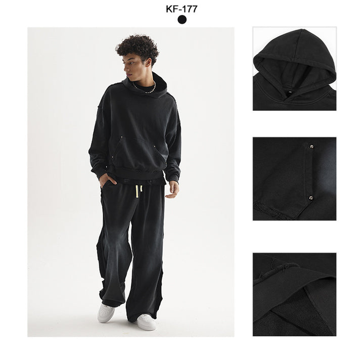 Unisex Oversized Hoodie with Frayed Hem, Kangaroo Pocket and Washed Bleach Effect Mune Fashion