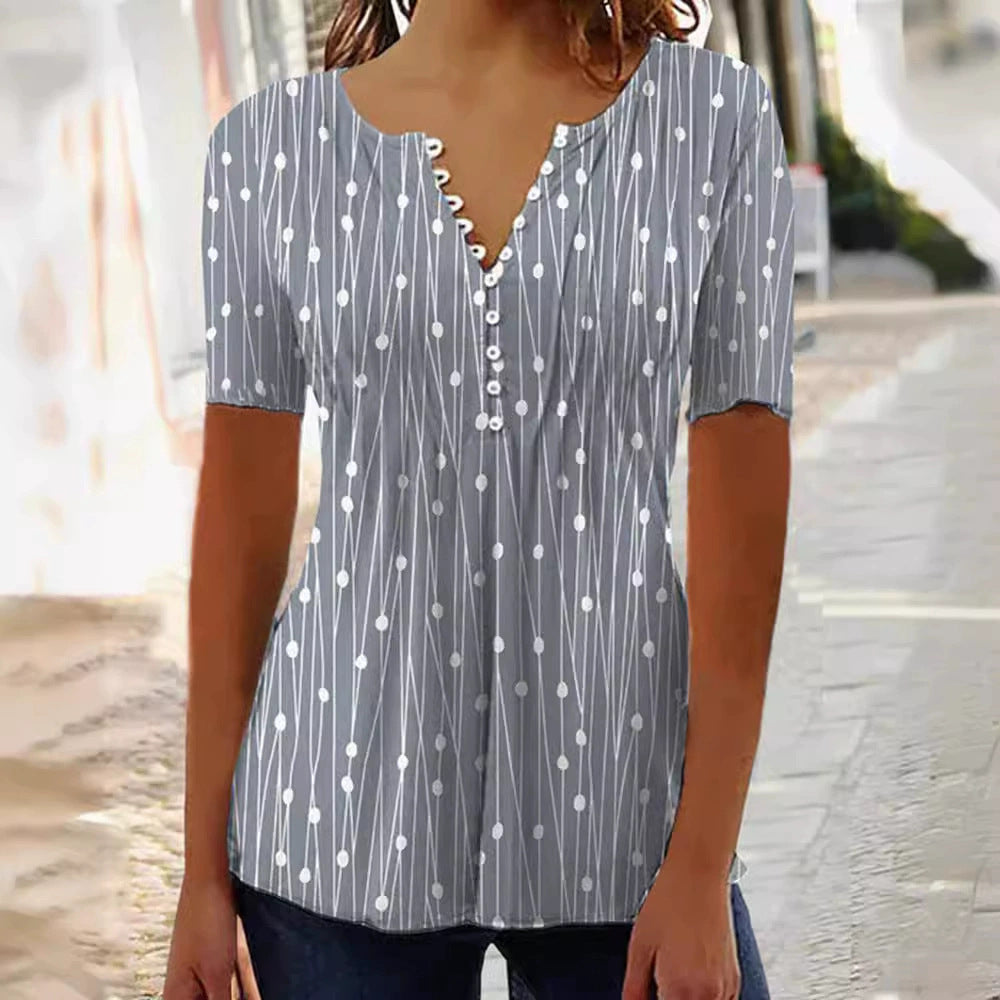 Women's lightweight tunic blouse with V-neck, decorative button placket, and empire gathering Mune Fashion