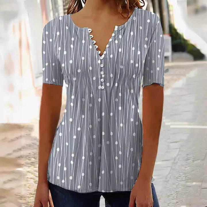 Women's lightweight tunic blouse with V-neck, decorative button placket, and empire gathering Mune Fashion