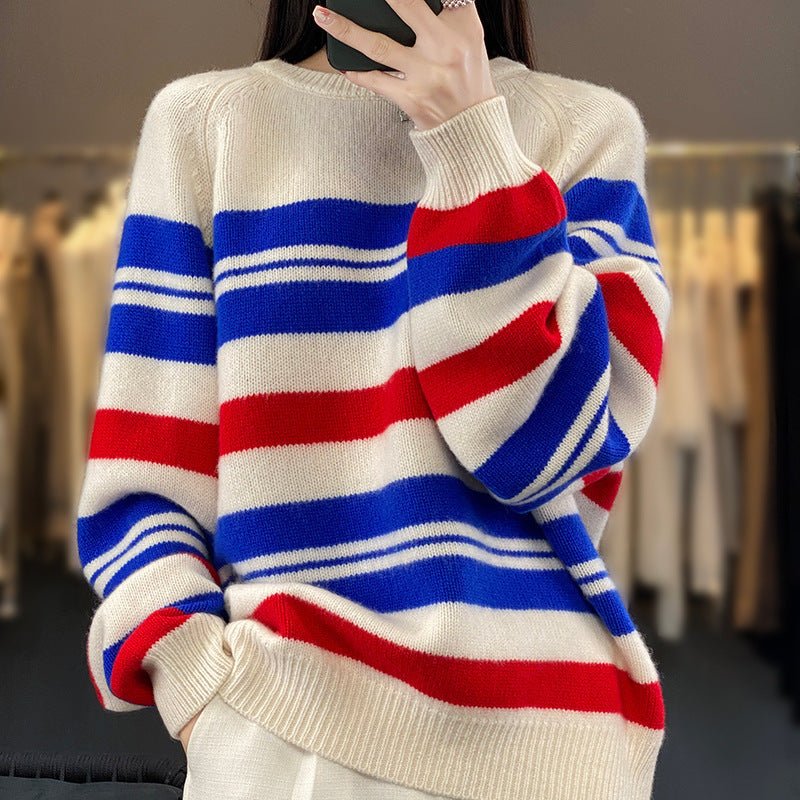 Women’s oversized striped sweater made of soft wool blend with nautical block stripes and round neck Mune Fashion