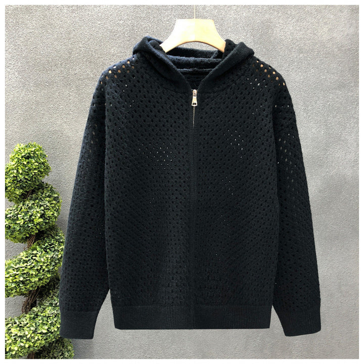 Unisex Light Openwork Knit Hooded Zip Jacket with Eyelet Pattern Mune Fashion
