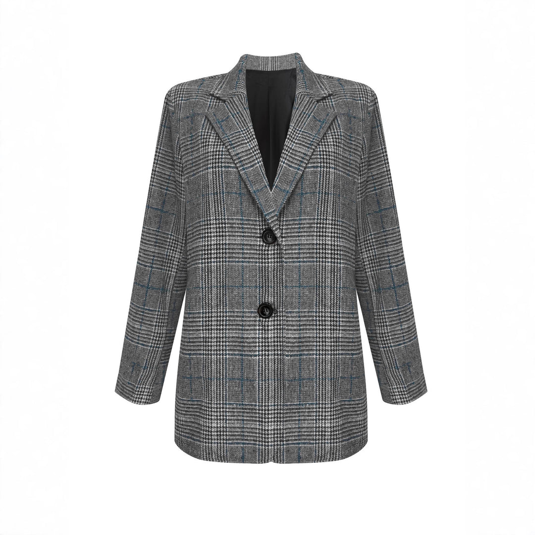 Women's Loose Glen Check Blazer with Notch Lapel, Flap Pockets and One-Button Closure Mune Fashion
