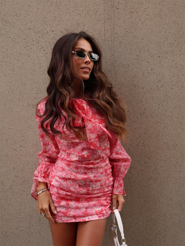 Women's Floral Ruched Mini Dress with Bow Neck Scarf, Cut-Out and Long Sleeves Mune Fashion
