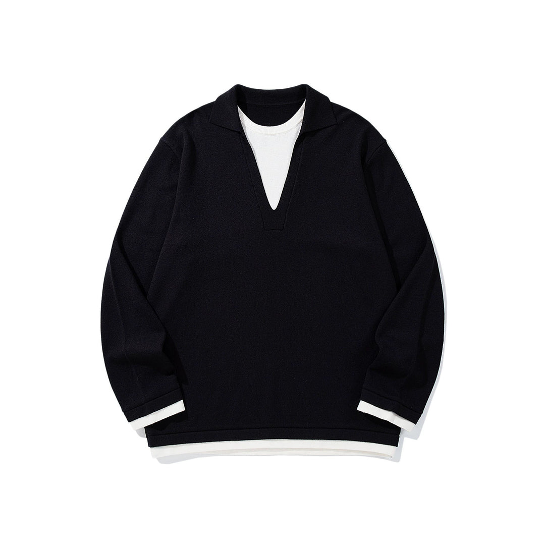 Unisex Casual Oversized Knit Sweater with Deep V Insert and Shirt Layer Look Mune Fashion