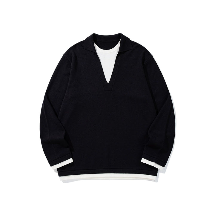 Unisex Casual Oversized Knit Sweater with Deep V Insert and Shirt Layer Look Mune Fashion