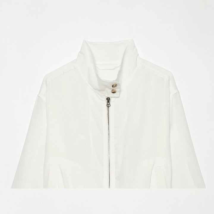 Women's lightweight bomber jacket with high stand-up collar, zipper, front pockets, and elastic hem Mune Fashion