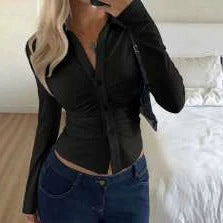 Women Tailored Buttonable Ruffle Top with V-Neck and Figure-Shaping Gather Mune Fashion