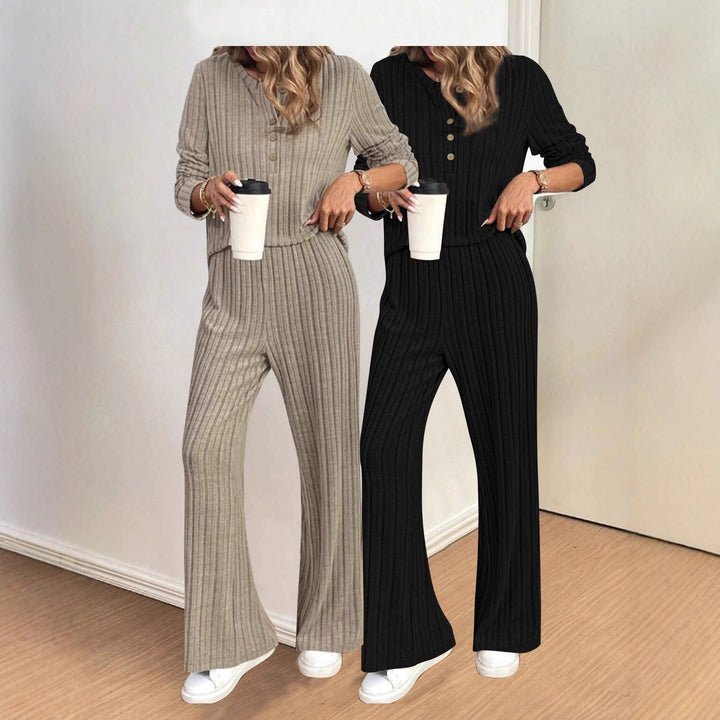 Women's Ribbed Comfort Two-Piece with Henley Top and Wide Palazzo Knit Pants Mune Fashion