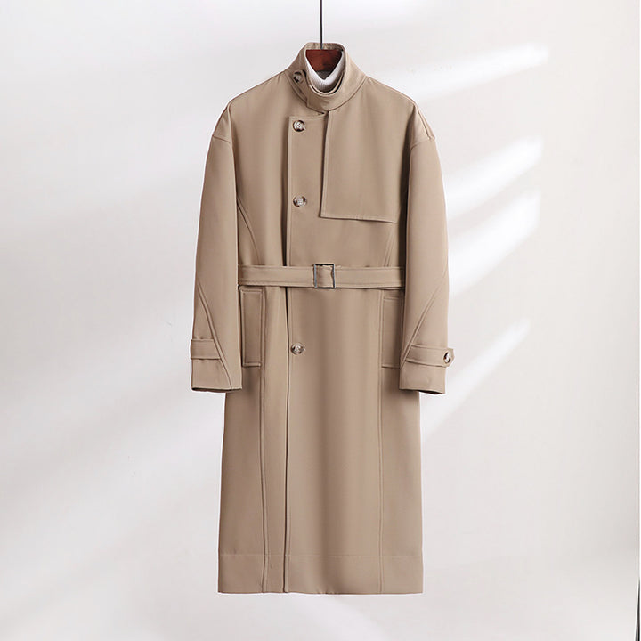 Men's Long-Cut Minimalist Trench Coat with Shawl Collar and Adjustable Sleeve Straps Mune Fashion