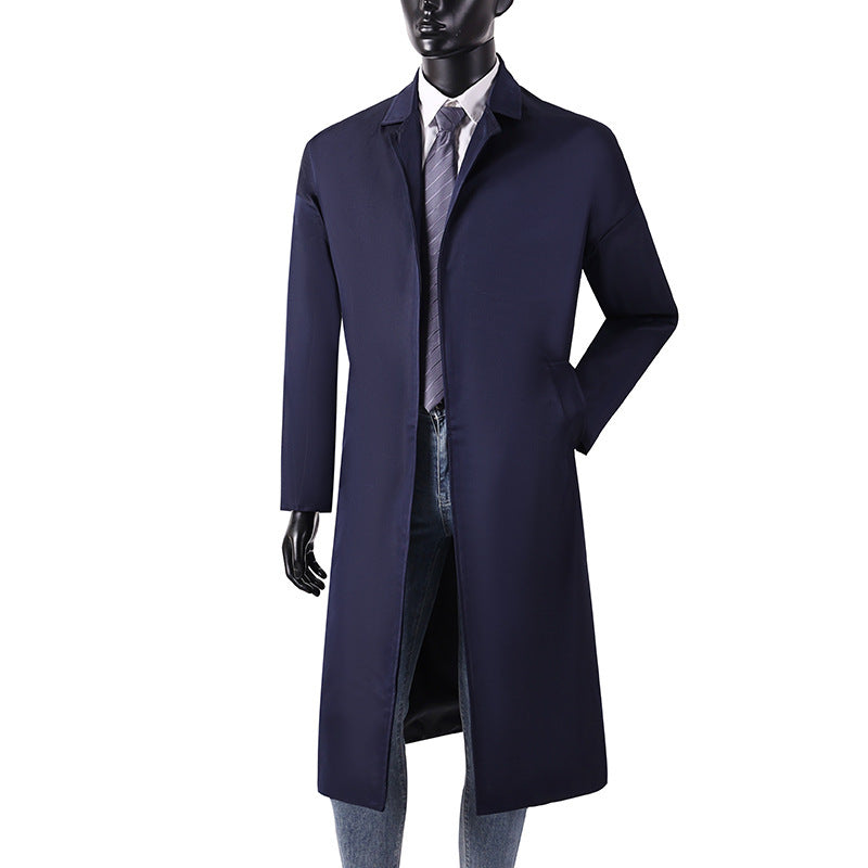 Men's Long Minimalist Trench Coat with Concealed Button Placket and Side Pockets Mune Fashion