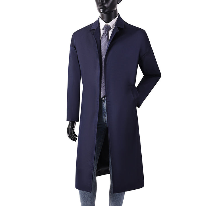 Men's Long Minimalist Trench Coat with Concealed Button Placket and Side Pockets Mune Fashion