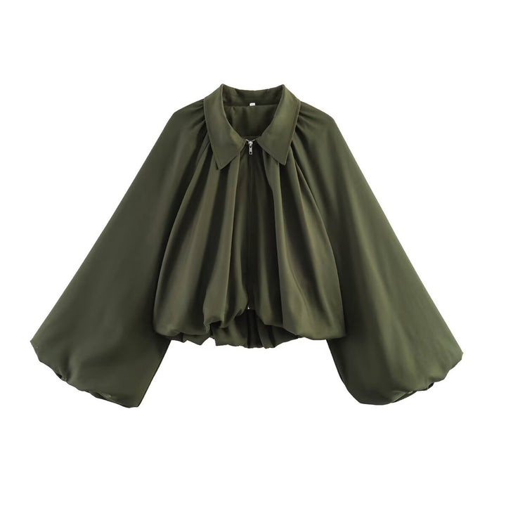 Women’s short-cut blouse jacket with wide balloon sleeve and zipper Mune Fashion
