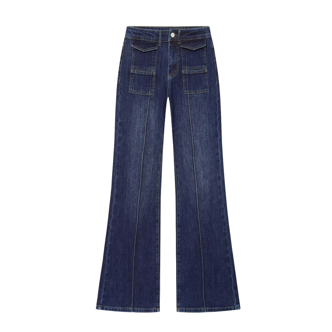 Ladies Highwaist Jeans with wide leg, flap pockets and center seam Mune Fashion