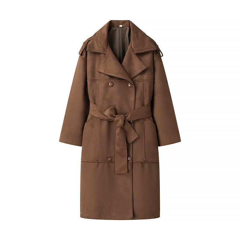 Women Mid-length Oversize Trench Coat made of Suede Look with double-breasted button placket, shoulder epaulets and tie belt Mune Fashion