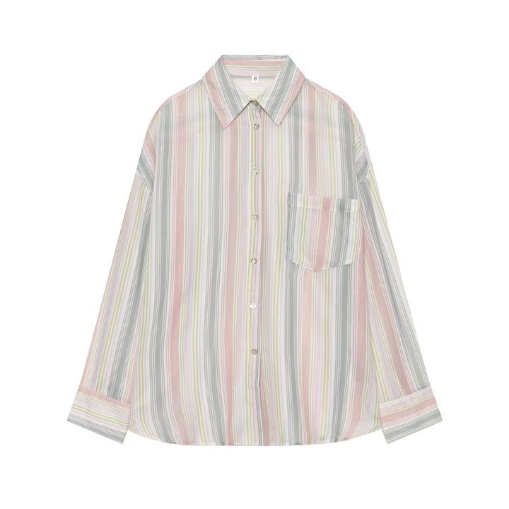 Women's Oversized Shirt Blouse with Vertical Pinstripes and Chest Pocket Mune Fashion