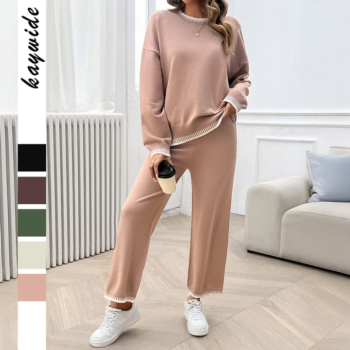 Women's nan Lounge two-piece set made of fine fine knit with contrasted cuffs and straight leg Mune Fashion