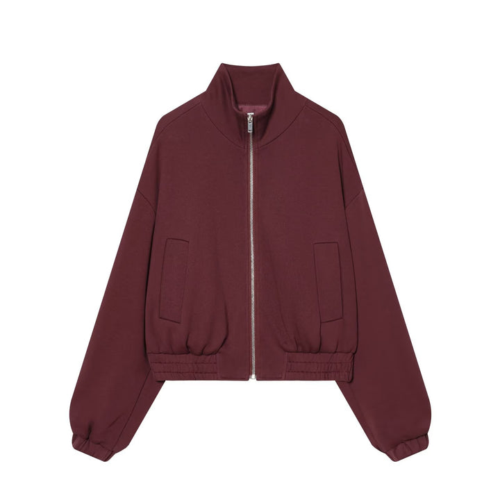 Women Cropped Sweat Bomber Jacket with High Stand-up Collar and Elastic Waistband Mune Fashion