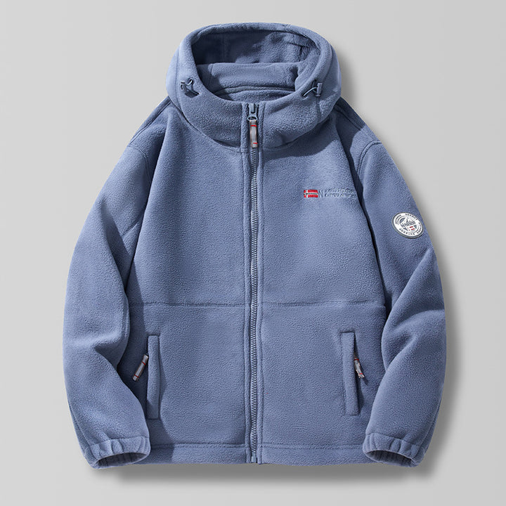 Unisex Hooded Fleece Jacket with high collar, full zip and side pockets.