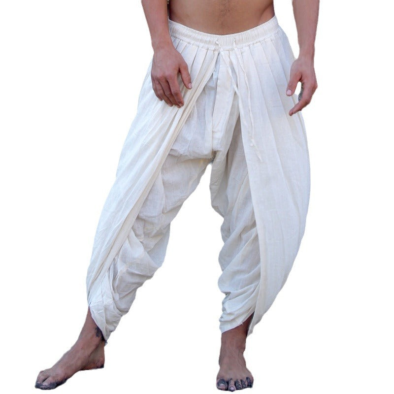 Men's loose harem pants made of lightweight cotton-linen with drawstring and pleats Mune Fashion
