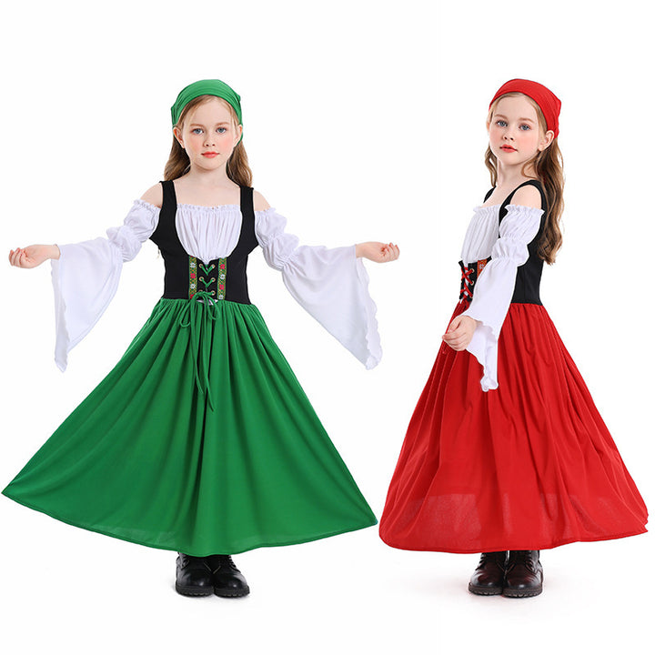 Ladies medieval girl costume with laced bodice and headscarf Mune Fashion