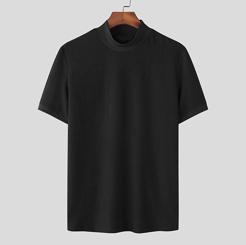 Men's short-sleeve stand-up collar fine knit shirt with fine ribbed structure Mune Fashion