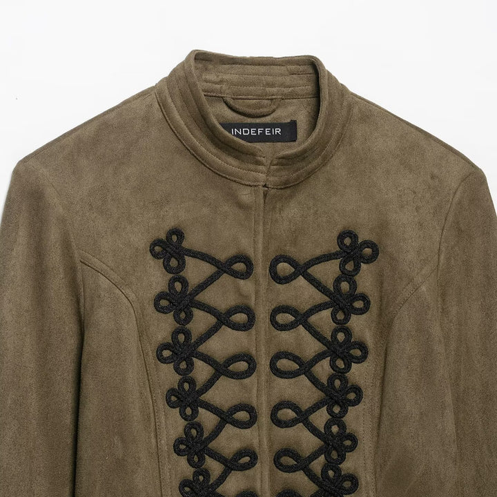 Women's Cropped Velvet Jacket with Military Decorative Cord and Tailored Cut Mune Fashion