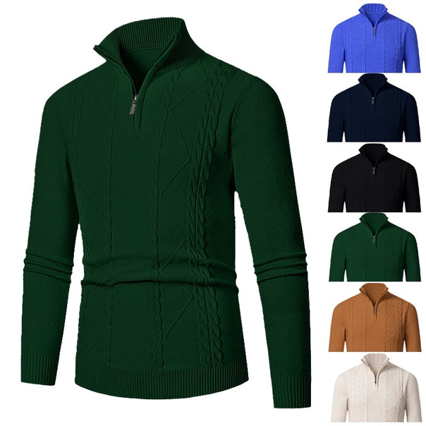 Men's fine knit half-zip sweater with cable pattern and stand-up collar Mune Fashion