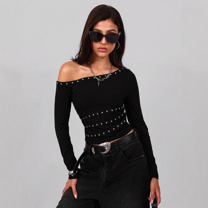 Women's asymmetrical off-shoulder long sleeve shirt with studded trim and fitted cut Mune Fashion