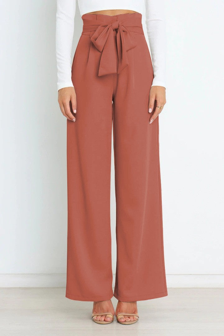 Women's Wide High-Waist Paperbag Pants with Pleats and Tie Belt Drune