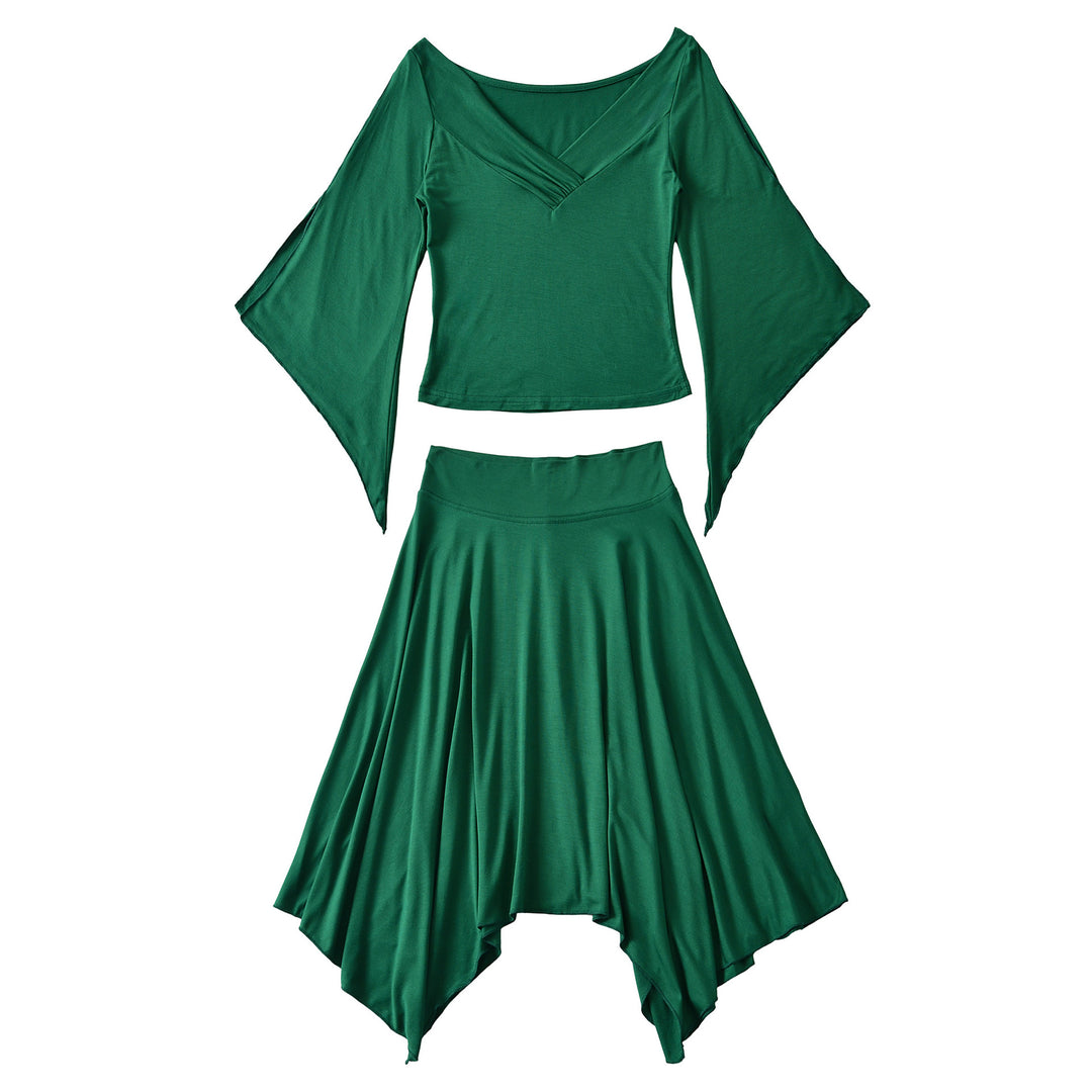 Women's Two-Piece Set with Draped Top with Bat Sleeves and Asymmetrical Flared Skirt Mune Fashion