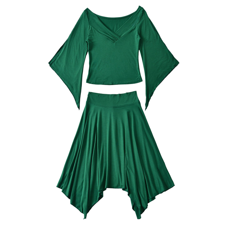 Women's Two-Piece Set with Draped Top with Bat Sleeves and Asymmetrical Flared Skirt Mune Fashion