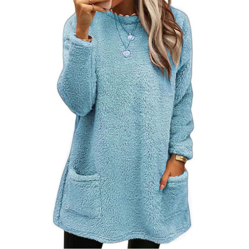Women's cozy long teddy sweater oversized with round neck and slit pockets Mune Fashion