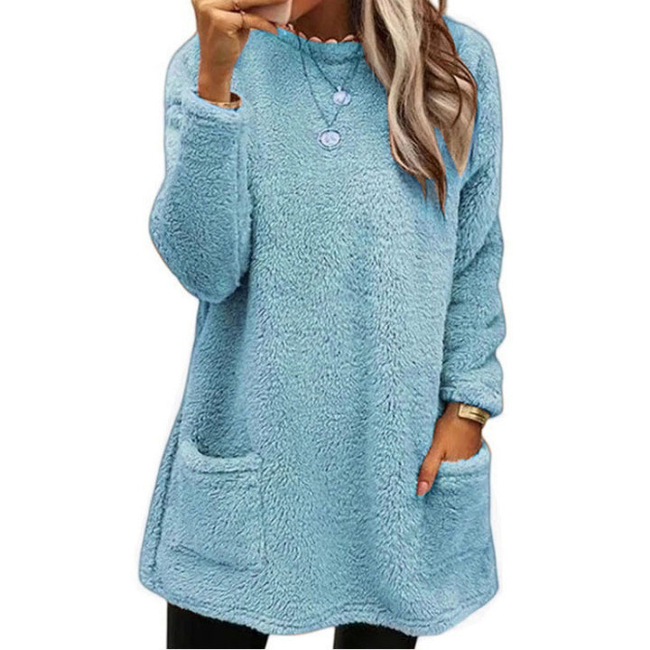 Women's cozy long teddy sweater oversized with round neck and slit pockets Mune Fashion