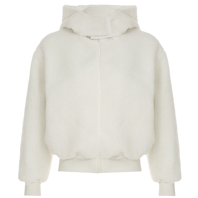 Women nan padded teddy fleece hoodie jacket with hood, short cut and elastic ribbed hem Mune Fashion