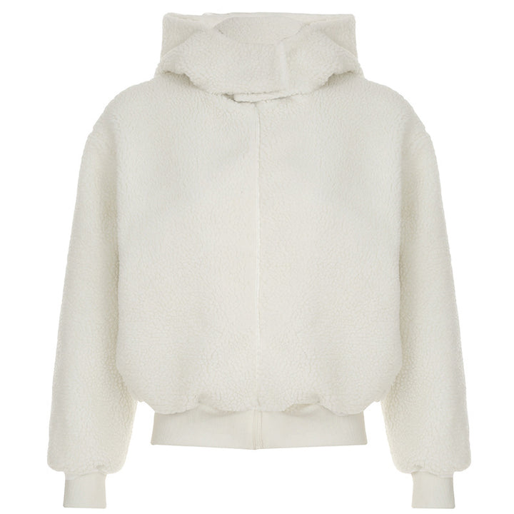 Women nan padded teddy fleece hoodie jacket with hood, short cut and elastic ribbed hem Mune Fashion