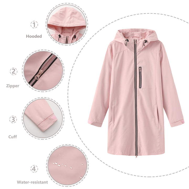 Women's long slim functional rain jacket with full-length zipper, chest zip pocket, and velcro cuffs Mune Fashion