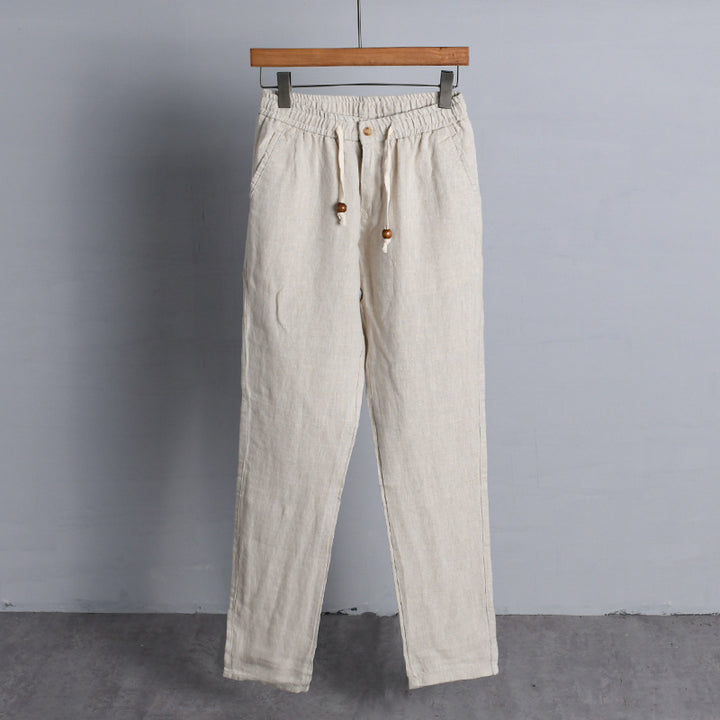 Women's linen pants with elastic waistband, drawstring, and straight leg Mune Fashion