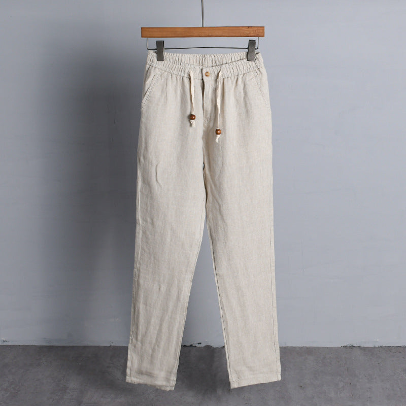 Women's linen pants with elastic waistband, drawstring, and straight leg Mune Fashion
