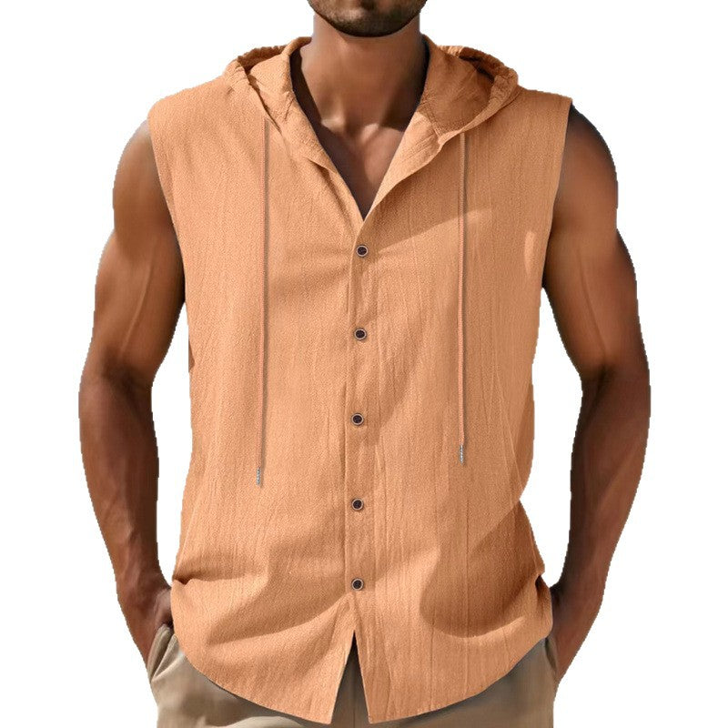 Men's sleeveless hooded shirt made of crepe-structured cotton blend with continuous button placket and drawstring Mune Fashion