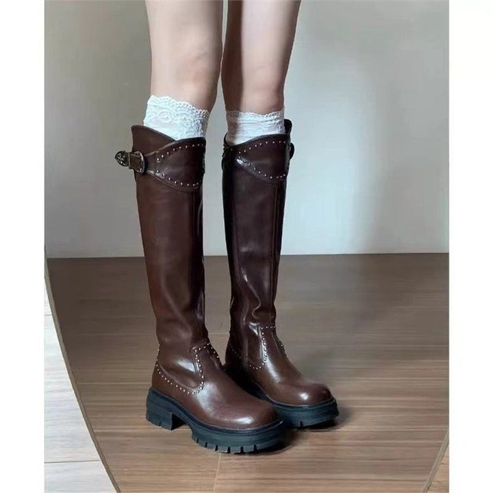 Women knee-high chunky platform biker boots with studs and buckle straps Mune Fashion