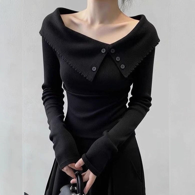 Ladies Elegant Sweater with Wide Collar and Button Details Mune Fashion