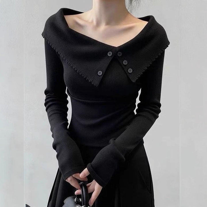 Ladies Elegant Sweater with Wide Collar and Button Details Mune Fashion