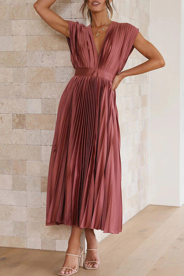 Women's Pleated Midi Dress with Deep V-Neck and Waist Belt Drune